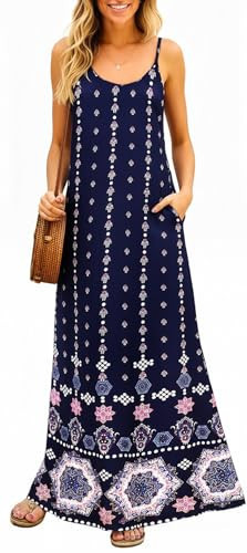 Supnier Women Maxi Long Dress Summer Flowy Boho Dresses Spaghetti Strap Floral Long Maxi Dress with Pockets(L,Navy Blue Floral) | Amazon (US)