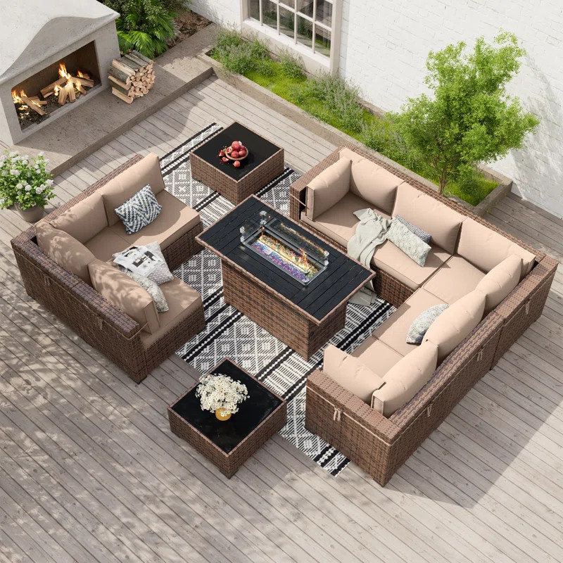 Mecayla 8-Person Rattan Wicker Set with Fire Pit Table | Wayfair North America