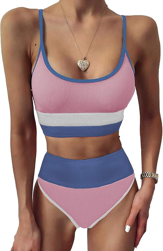 Sidefeel Women Striped Color Block Knit Ribbed High Waist Bikini Set 2 Piece Swimsuits | Amazon (US)