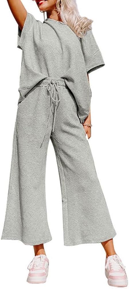 SHEWIN Women's 2 Piece Outfits Sweatsuit Casual Short Sleeve Pullover Tops and Drawstring Wide Le... | Amazon (US)