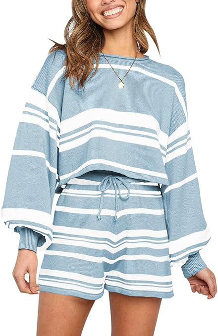 FISACE Womens 2 Piece Knit Outfits Batwing Sleeve Lounge Sets Casual Crop Top Shorts Sweatsuit | Amazon (US)