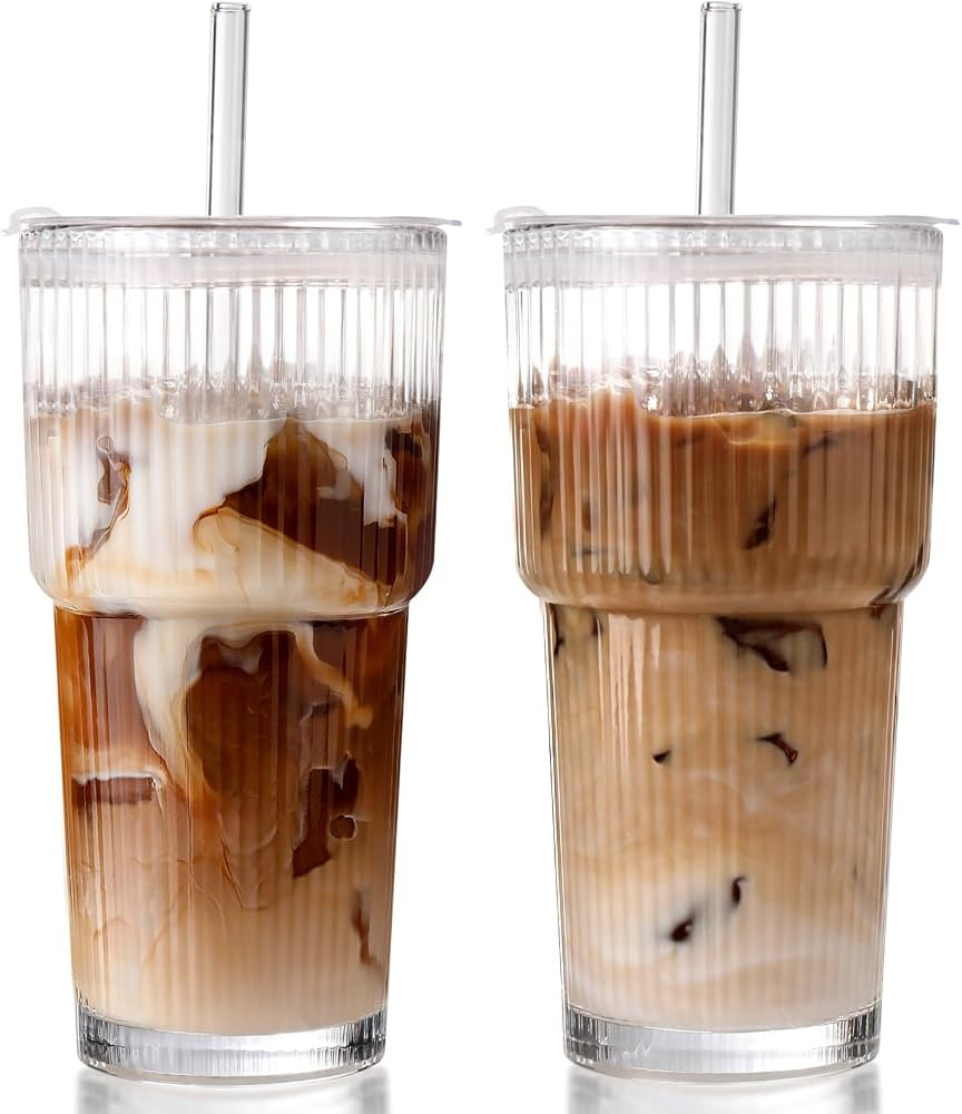 Iced Coffee Cups with Lids 2Pcs: Ribbed Glass Tumbler with Straw and Lid 20oz - Vintage Glass Cup... | Amazon (US)