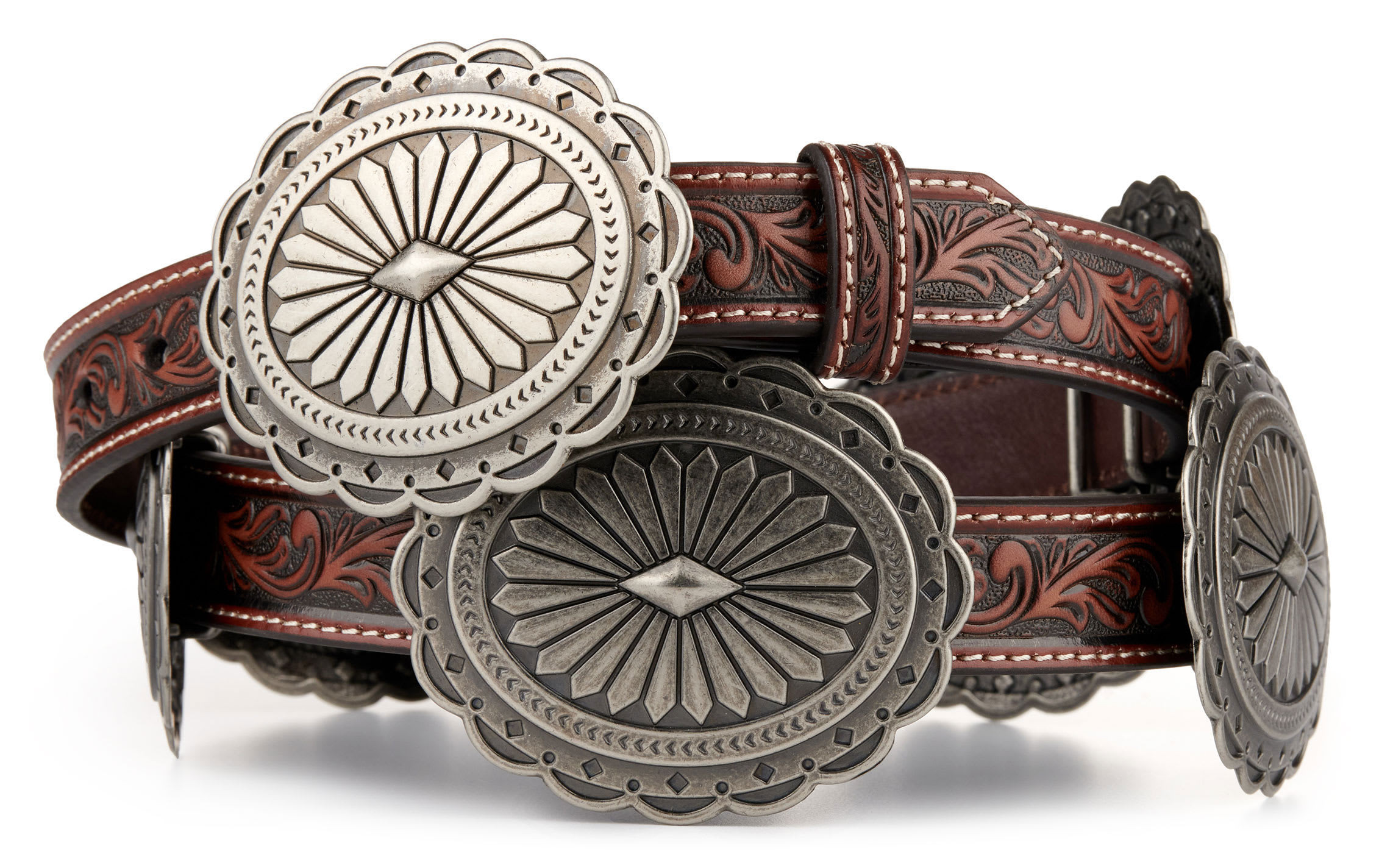 Ariat Women's Brown Tooled with Silver Oval Floral Conchos Belt - M - From Cavender's | Cavender's