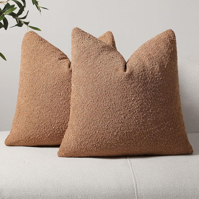 DEZENE Textured Boucle Throw Pillow Covers 18x18 Camel for Bed Couch Sofa Living Room, Pack of 2 ... | Amazon (US)