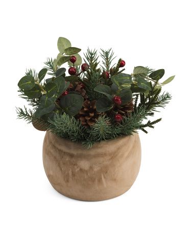 Pine And Berry Arrangement In Wooden Bowl | TJ Maxx