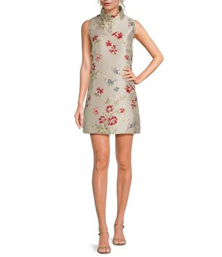 Textured Jacquard Tailored V-Neck Sleeveless Sheath Mini Dress | Dillard's