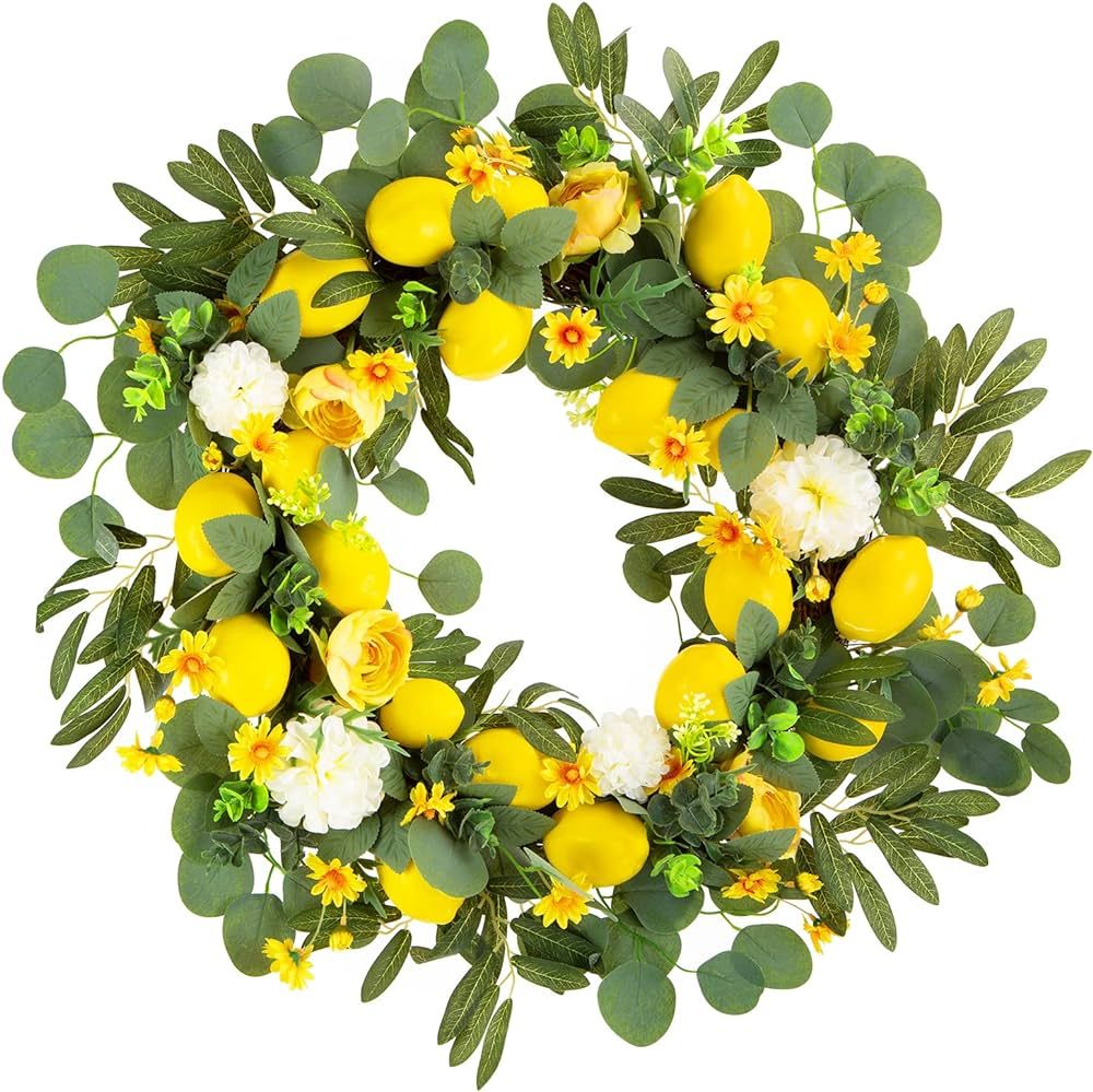 Spring Wreaths, 24 Inch for Front Door Eucalyptus Wreath, Summer Lemon Spring Wreath Door, Wreath... | Amazon (US)