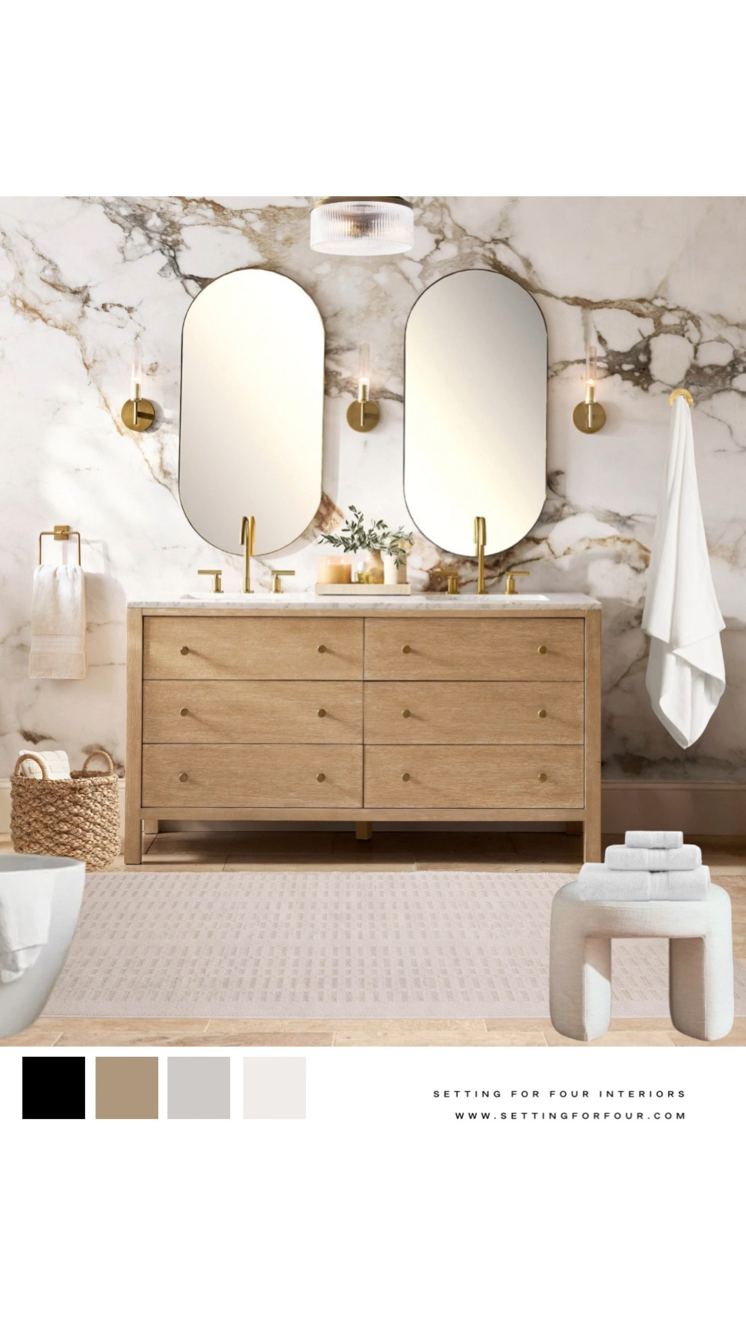 Neutral aesthetic modern primary ensuite bathroom design.
White oak vanity, wood, marble, stone, organic modern, transitional, vanity mirror, sconce light, brass, ottoman bench, bathroom faucet, flush mount light, Amazon home, Pottery barn style, 

#LTKSaleAlert #LTKmomlife #LTKHome