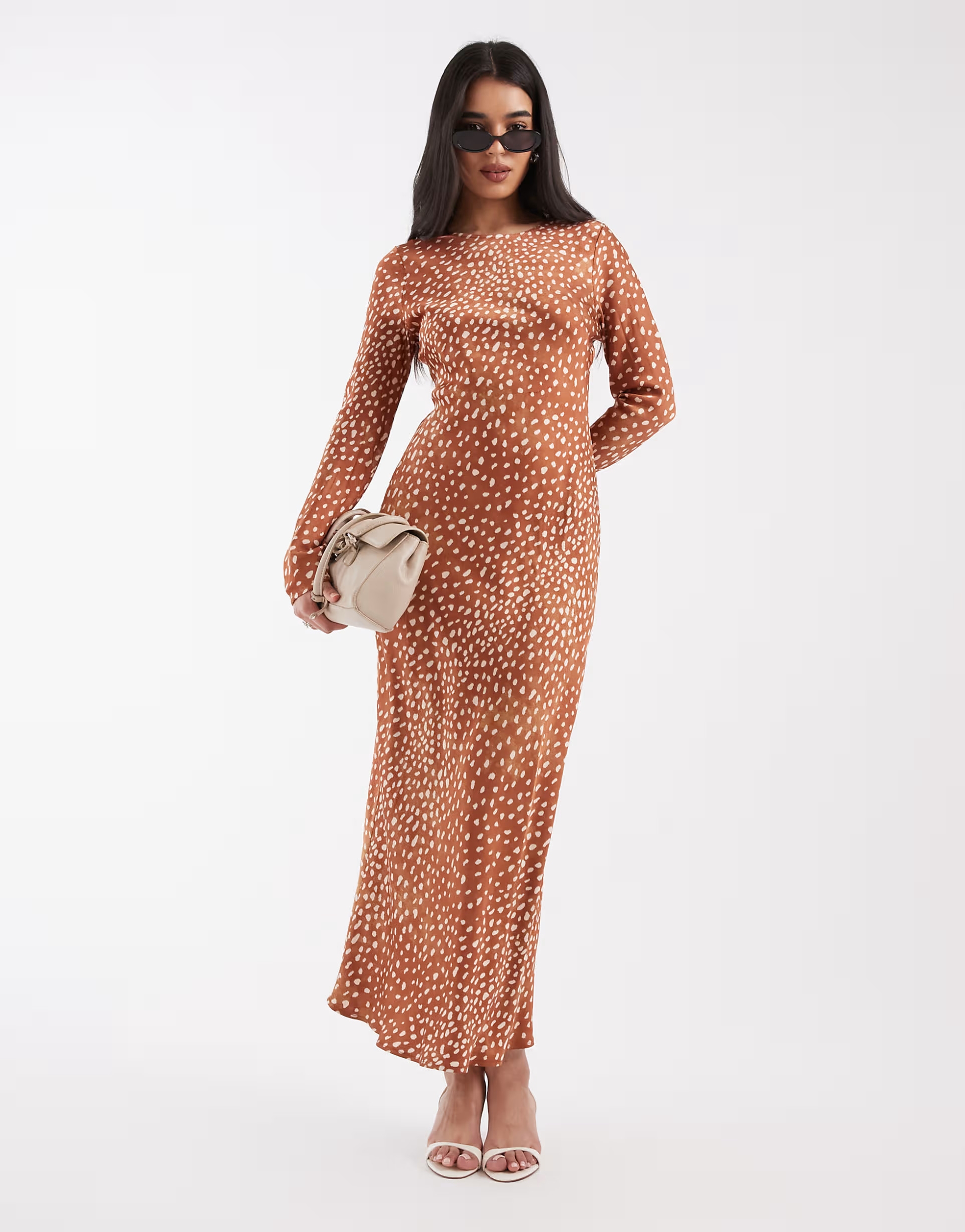 Never Fully Dressed Soho long sleeve midaxi dress in brown deer print | ASOS (Global)