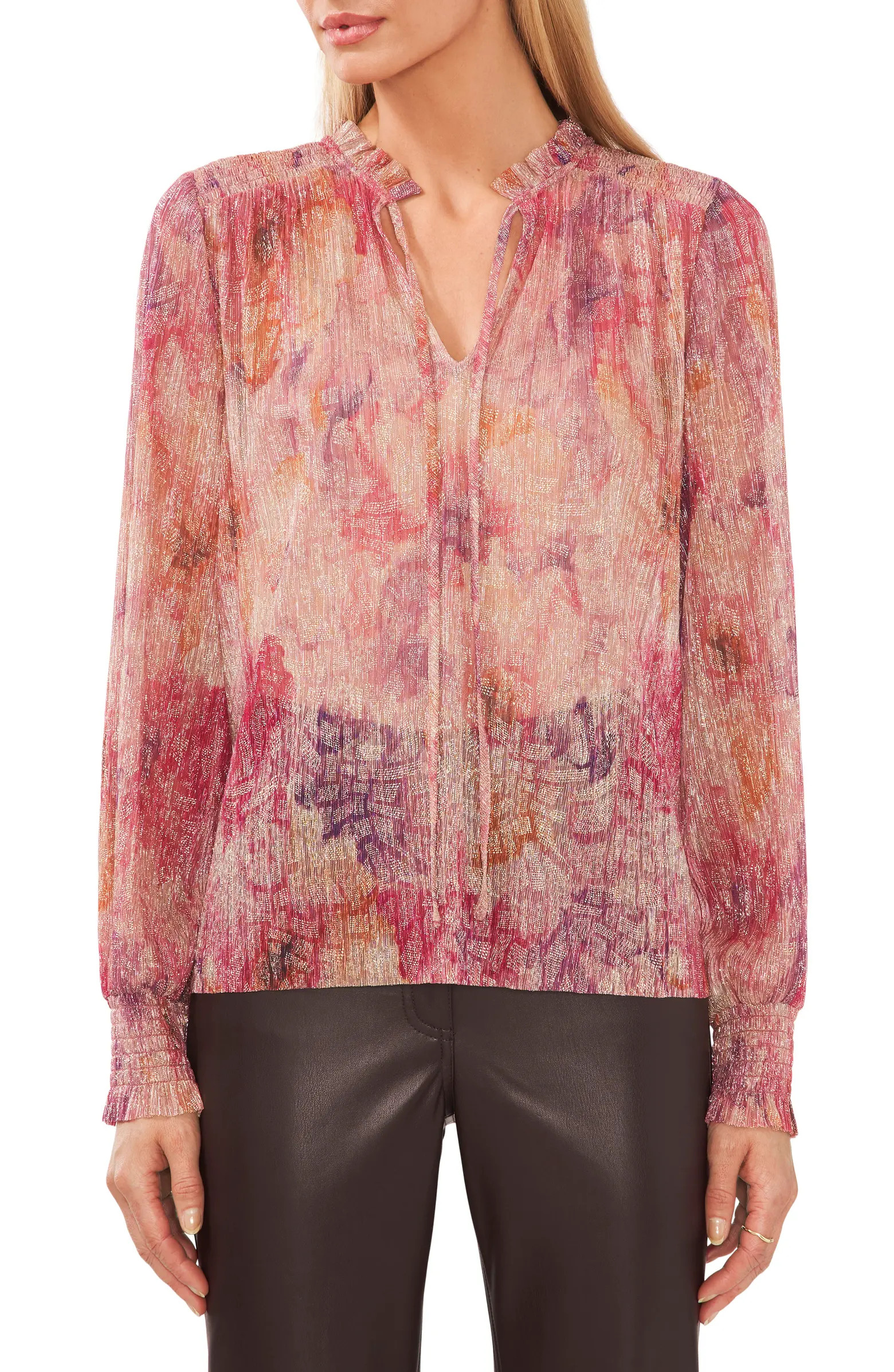 Halogen® Metallic Tie Neck Balloon Sleeve Blouse | Nordstrom | Nordstrom