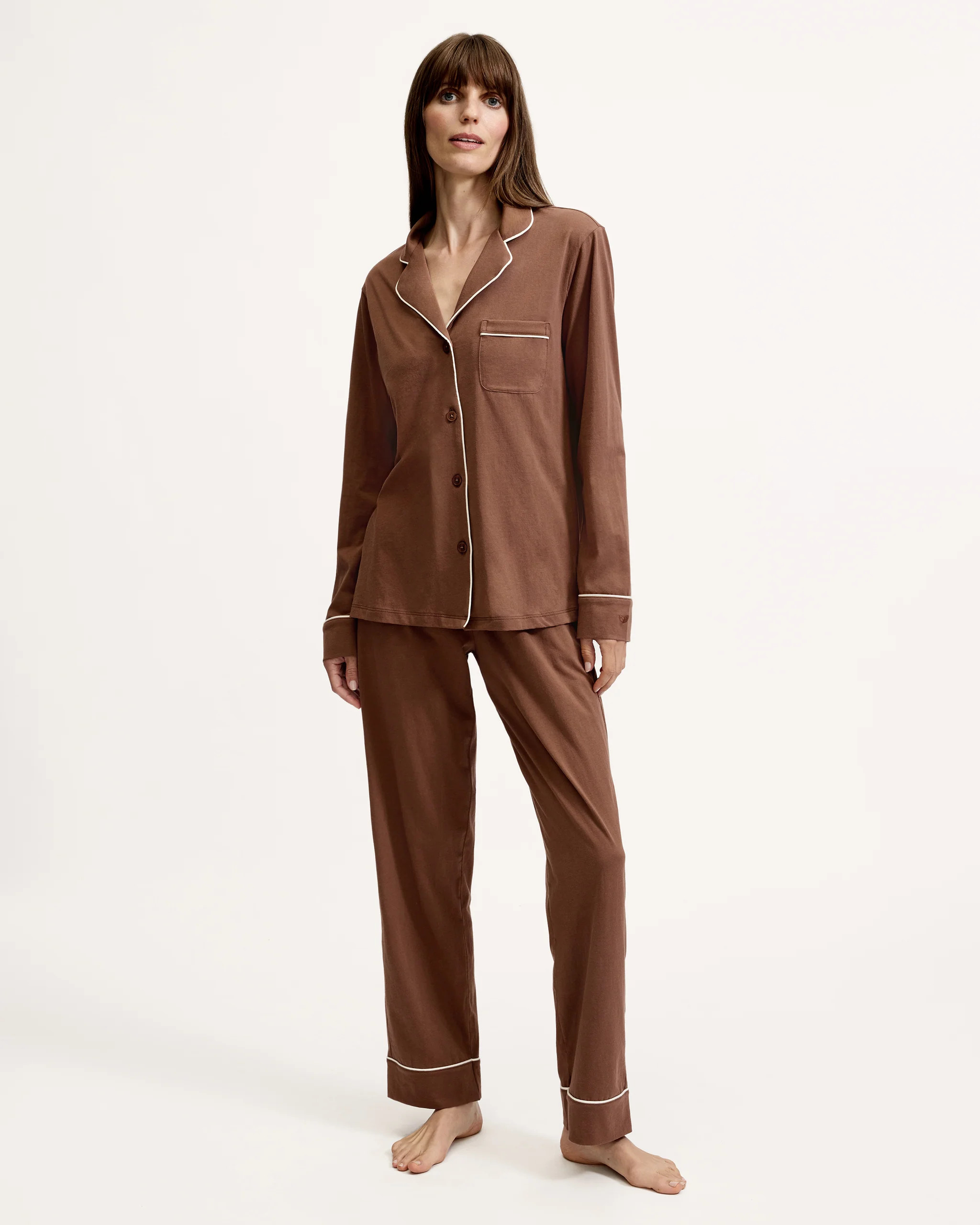 Women's Lightweight Pima Pajama Set in Chocolate Brown | Petite Plume