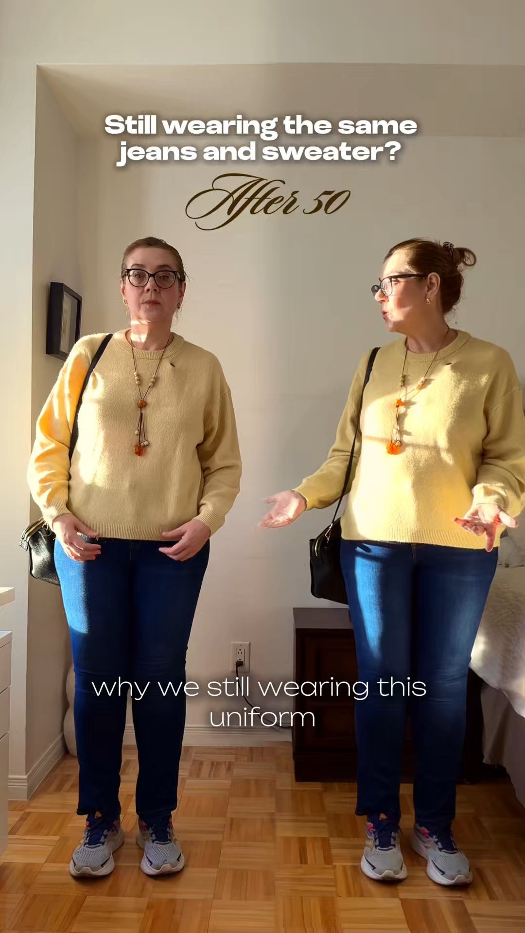 Still wearing the same jeans & sweater? You don’t need new clothes — just new styling.
Here’s how to look elegant after 50 (using what’s already in your closet).
One simple switch — from skinny jeans to wide-leg neutral trousers — can instantly make you look more elegant (and taller!). 
I styled them three different ways using pieces most of us already have in our closets:

Look 1: Chocolate brown wide-leg pants + brown polka-dot top — my Pretty Woman moment. This monochrome brown on brown look will make you look taller and slimmer.
Look 2: Same trousers, but with a blue button—down shirt. Brown and blue looks quietly polished. adding a yellow purse for pop of color.
Look 3: Swap for a pink top or powder pink if you own any. This color combo with brown is very popular right now.
Look 4: Classic combo of brown and olive or khaki green - ever so popular, especially in the Fall.

You probably already have neutral basics like these in your closet — beige, brown, black, navy, or white. You don’t need to shop; you just need to style smarter. Shop your own closet this Fall!

If you want more easy styling ideas, check out my Self-Styling Guide for Women After 40 in your DM (find the link in my Instagram bio).

Save this reel for outfit inspiration and share it with a friend who needs this.
Follow for more easy beauty & style tips for women 40+.

#StyleOver50 
#FashionTipsForWomen 
#stylehacks
#ShopYourCloset 
#falloutfitsinspo

#LTKfall #LTKstyletip #LTKmidsize