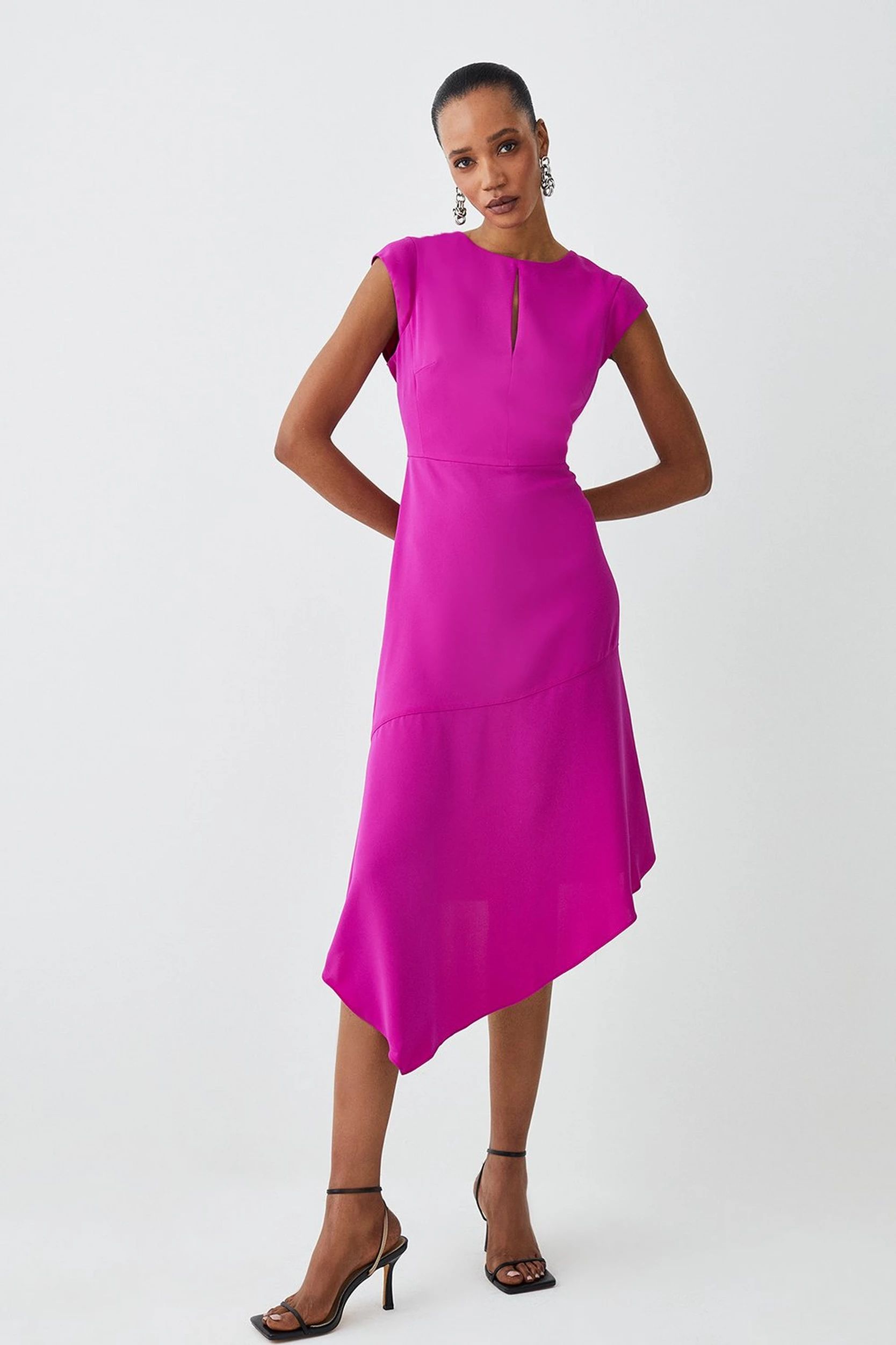 Soft Tailored Key Hole Cap Sleeve High Low Midi Dress | Karen Millen US