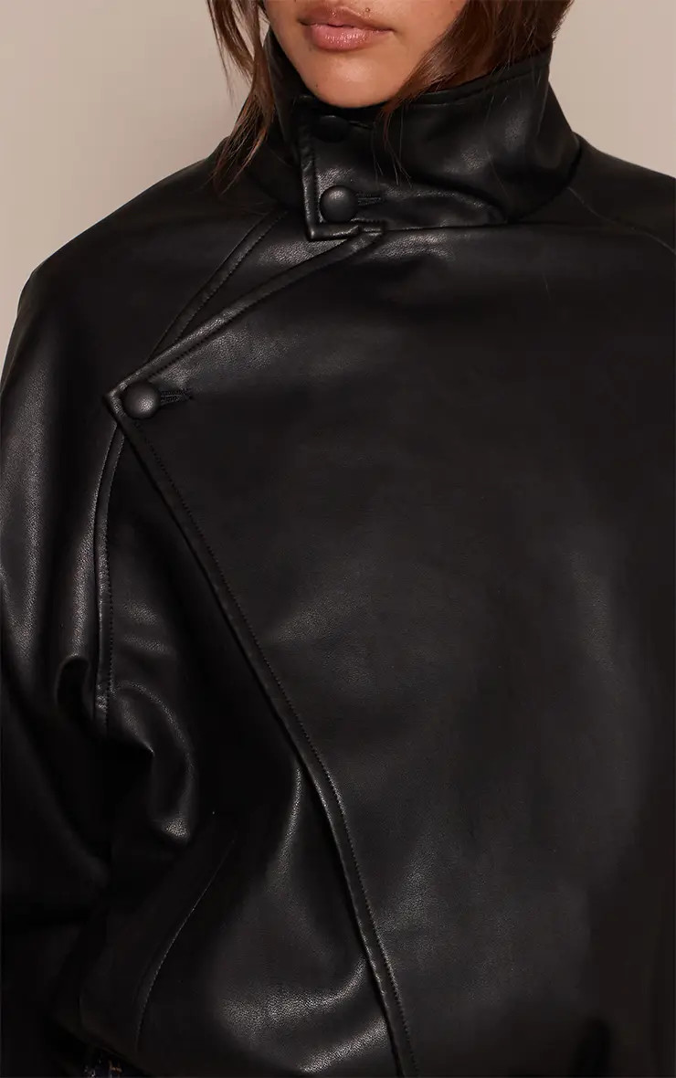 Black Funnel Neck Leather Jacket | PrettyLittleThing UK