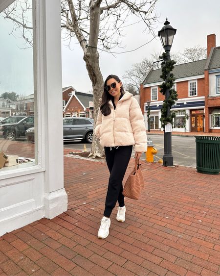 Kat Jamieson wears a cozy jacket and jogger set with sneakers. Tote bag, everyday outfit, neutral style, winter outfit. 

#LTKSeasonal #LTKstyletip #LTKshoecrush