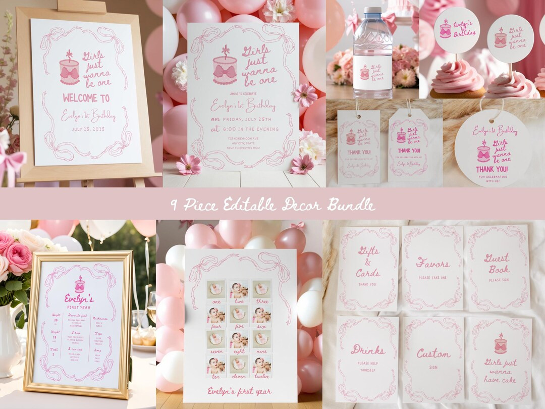 Girls Just Wanna Be ONE EDITABLE Decor Bundle,bow First Birthday Invite,dusty Pink Ribbon Invite,... | Etsy (US)