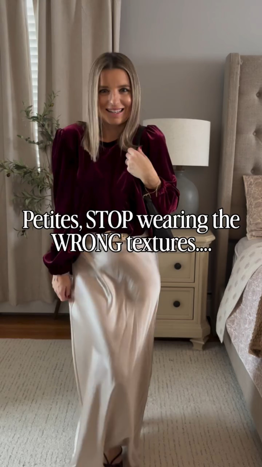 ❌ Textures That Work Against Petites
Chunky knits & heavy ribbing → visually compress your height
Thick tweed, bouclé, heavy wool → adds bulk you don’t need
Stiff denim & rigid cotton → creates boxy, cut-off lines
Oversized textures (large cable knits, thick embroidery) → overpower a petite frame

✅ Textures That Elevate Petites
Smooth, fine knits → lengthen the body
Silk, satin, modal, viscose → fluid = flattering
Lightweight wool & fine cashmere → structure without bulk
Soft stretch denim → follows your proportions

Petite Styling Rule of Thumb
👉 The smaller your frame, the finer and smoother the texture should be.
👉 Let cut and drape do the work—not thickness.

Comment PETITE for a 🔗 

#petitestyle #petitehacks #petitetips #styletips #stylehacks whattowear grwm ootd outfitinspo winterlooks winter styling slipskirt velvettop burgundy valentinesday holiday