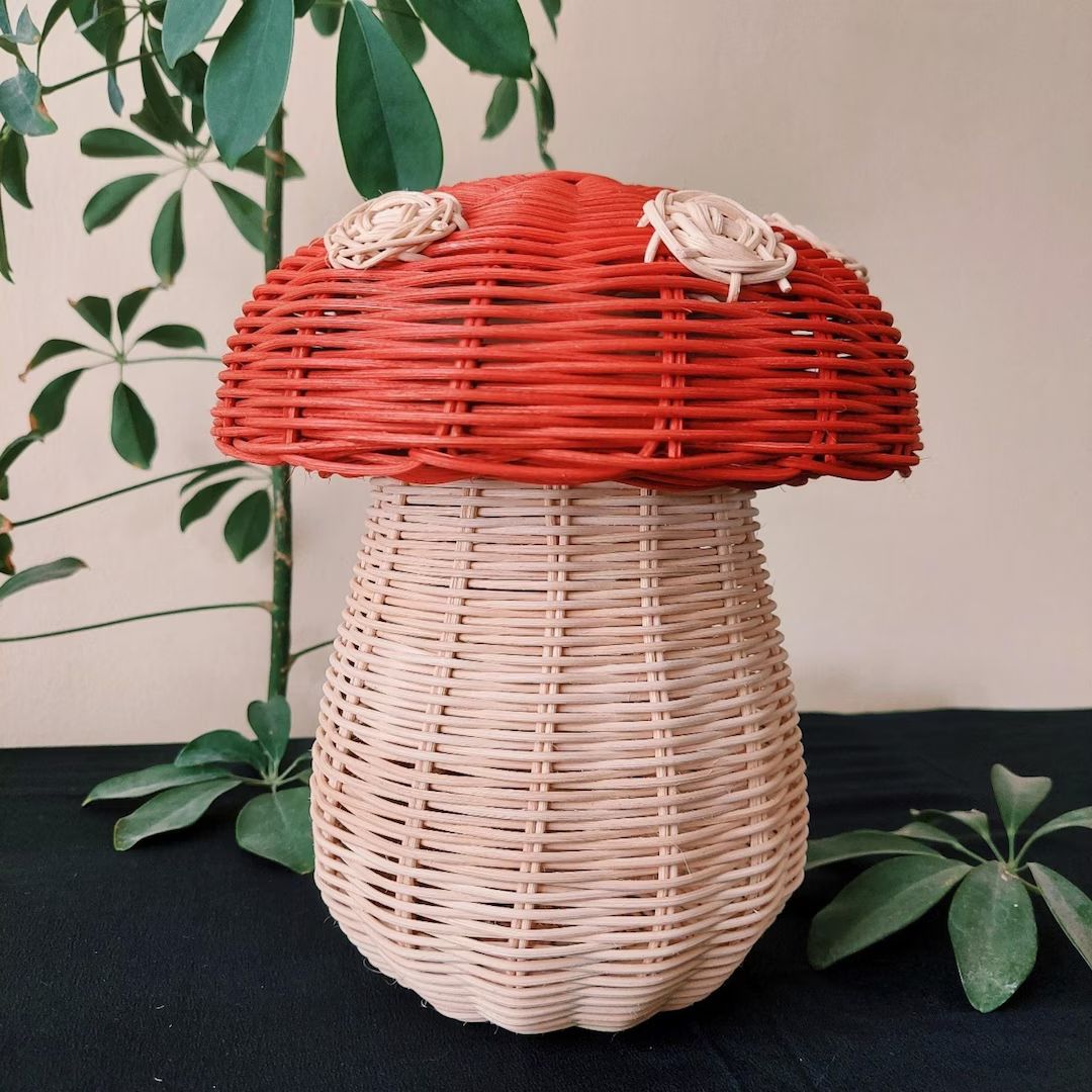 Mushroom Basket, Handwoven Bamboo Rattan Mushroom, Red Mushroom, Bamboo Mushroom Storage, Gift fo... | Etsy (US)