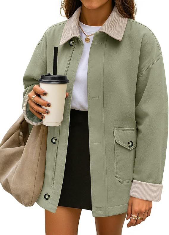 ZESICA Women's Lightweight Trendy Jackets 2025 fall Contrast Collar Button Down Cotton Oversized ... | Amazon (US)