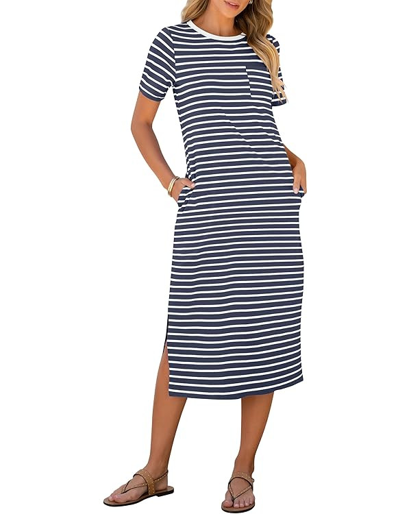 ANRABESS Womens Summer Casual Midi Dress Short Sleeve Crewneck T Shirt Long Dresses Split Stripe ... | Amazon (US)