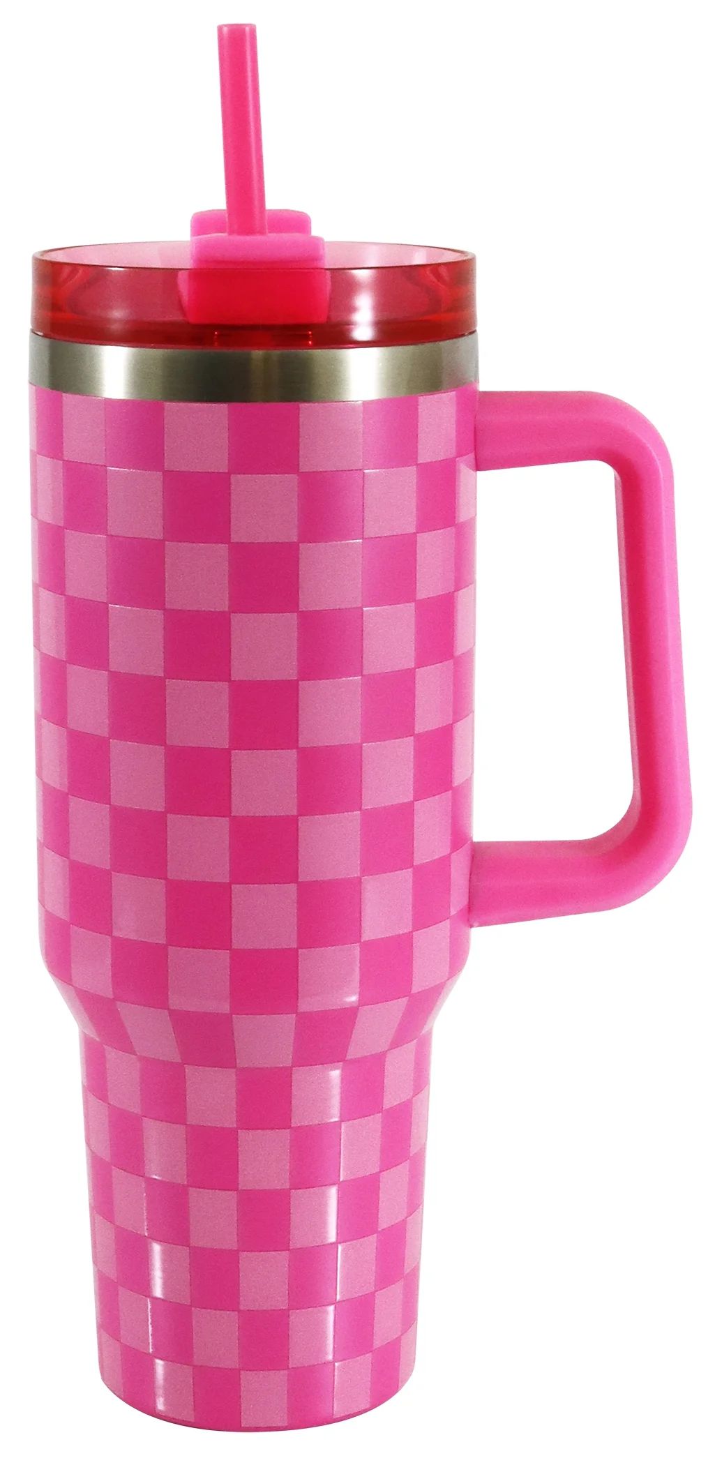 Mainstays 40 oz Stainless Steel Tumbler with Straw and Handle, Double Wall Insulated, Pink Check | Walmart (US)