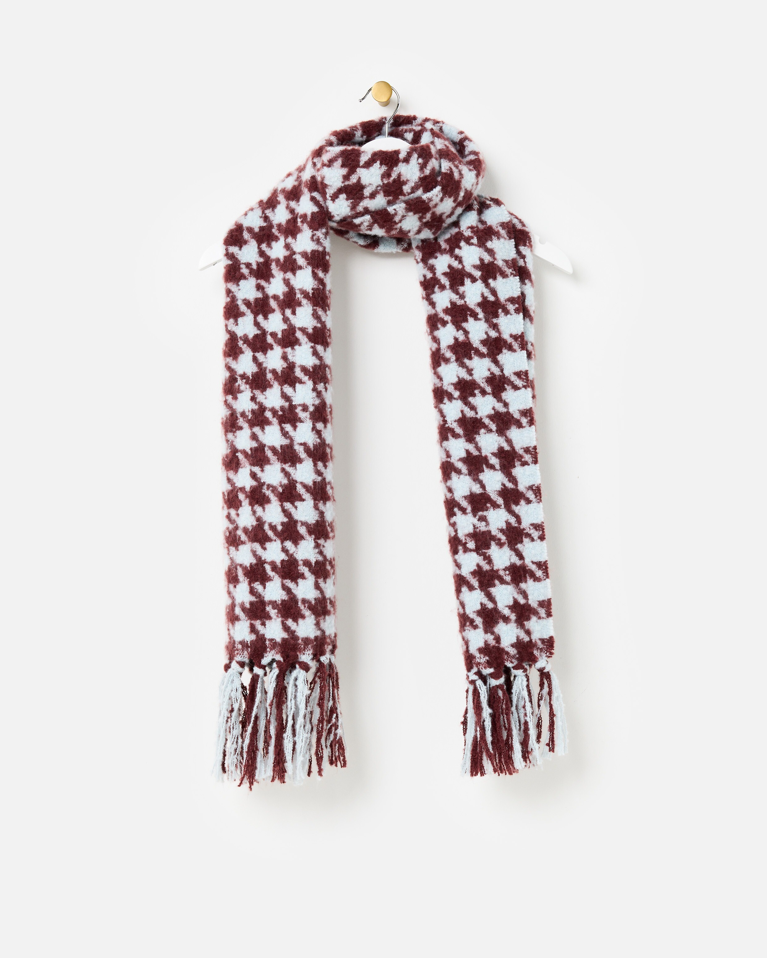 Burgundy & Blue Houndstooth Midweight Tassel Scarf | Oliver Bonas (Global)