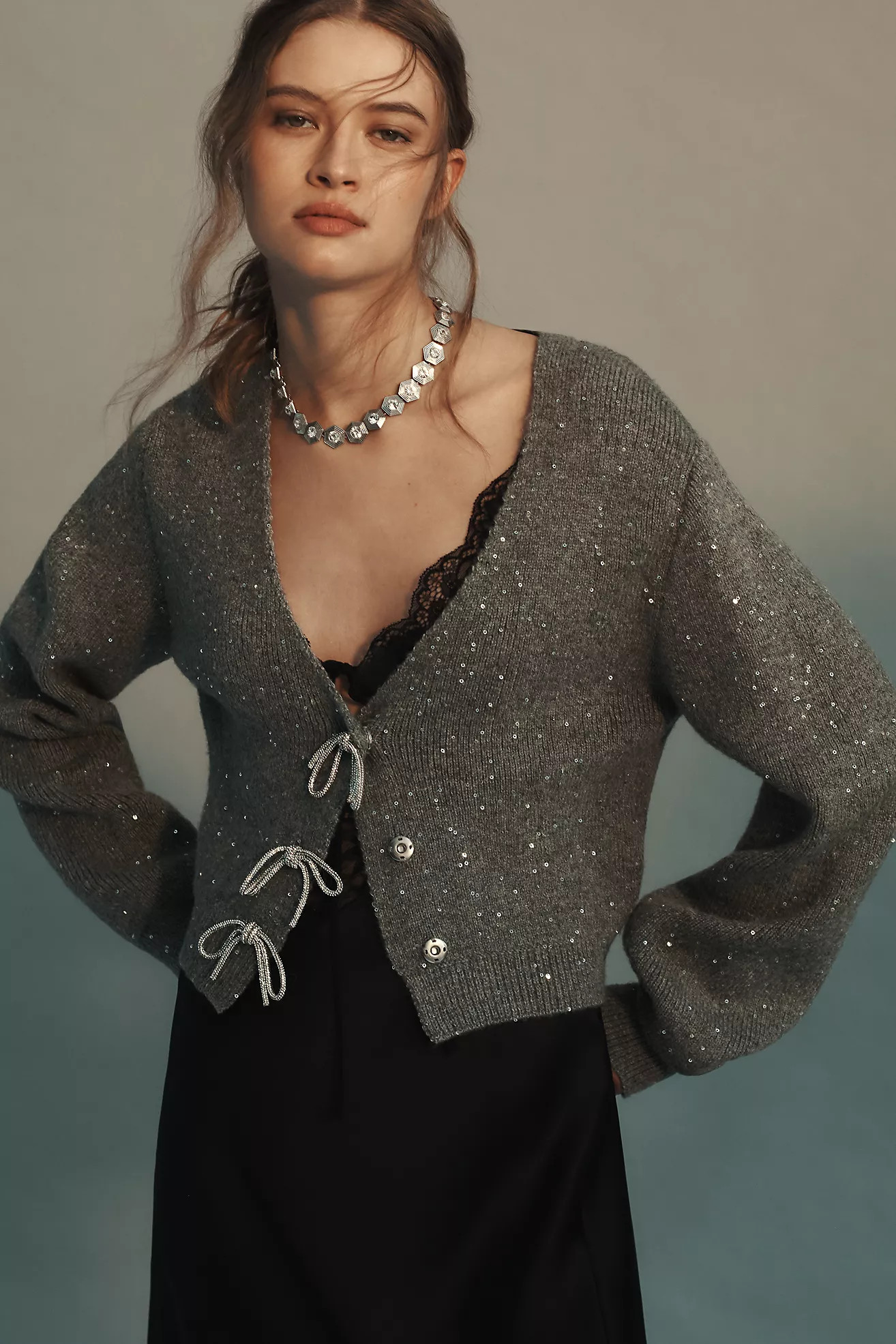 Maeve Shiny Bow Cardigan Sweater | Anthropologie (US)