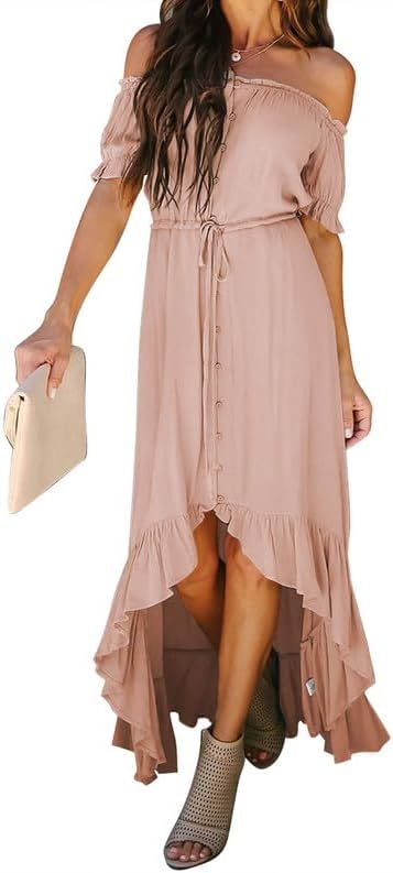 Dokotoo Womens 2024 Off The Shoulder Casual Short Sleeve Maxi Dress High Low Solid Cocktail Skate... | Amazon (US)