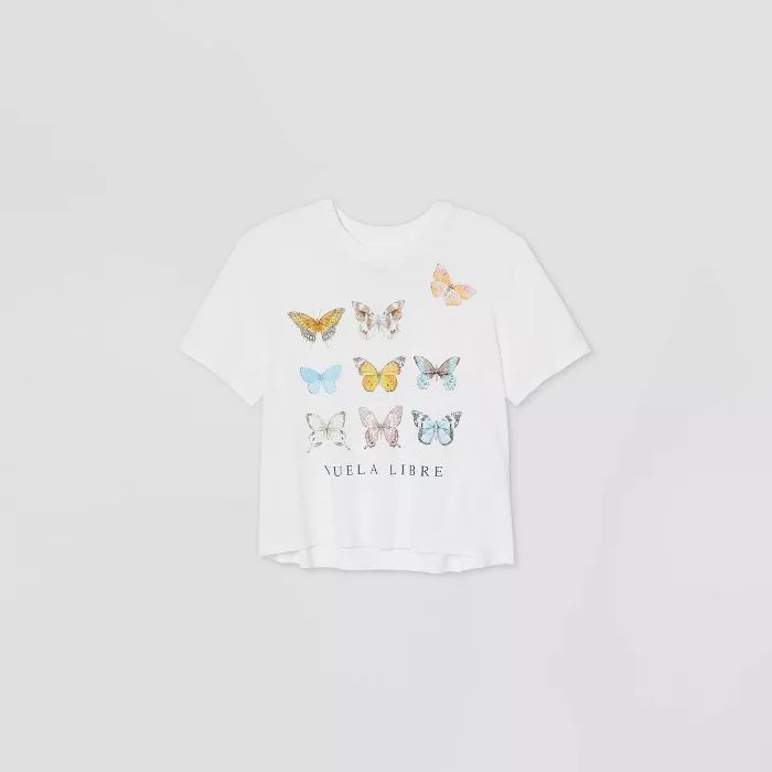 Women's Butterfly Short Sleeve Boxy Cropped Graphic T-Shirt - (Regular & Plus) White | Target