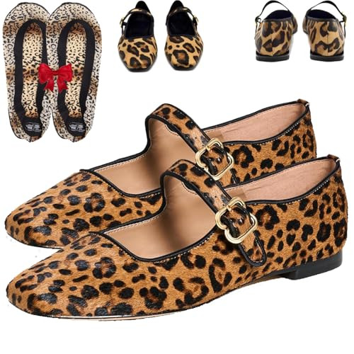 Leopard Print Mary Jane Shoes Women WIth leopard print socks,Square Toe Leopard Print Flats For Womens Leopard, Leopard Ballet Flats Shoes (Leopard, Adult, Women, 8.5, Numeric, US Footwear Size System, Medium) | Amazon (US)