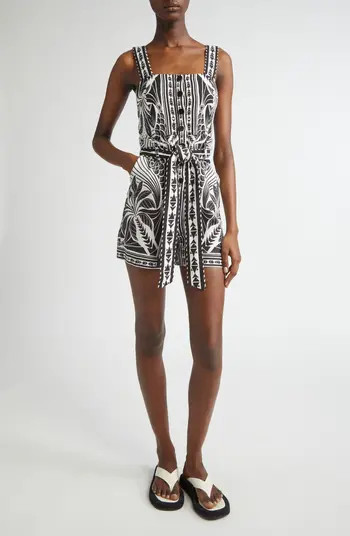 Monochrome Elegance Scarf Print Belted Linen Blend Romper | Nordstrom