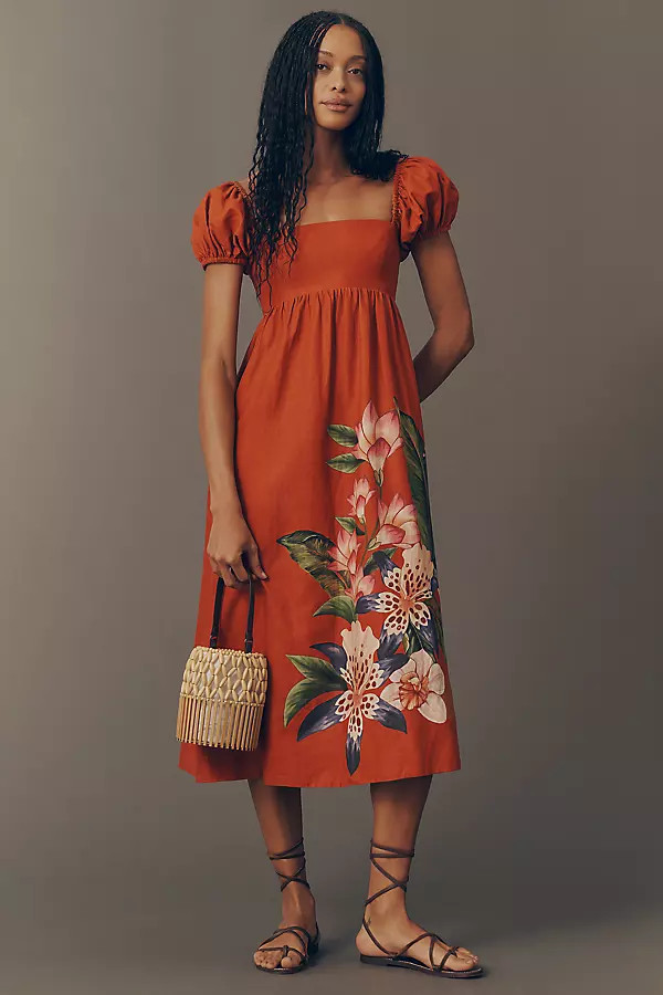 Puff-Sleeve Square-Neck Midi Dress | Anthropologie (US)