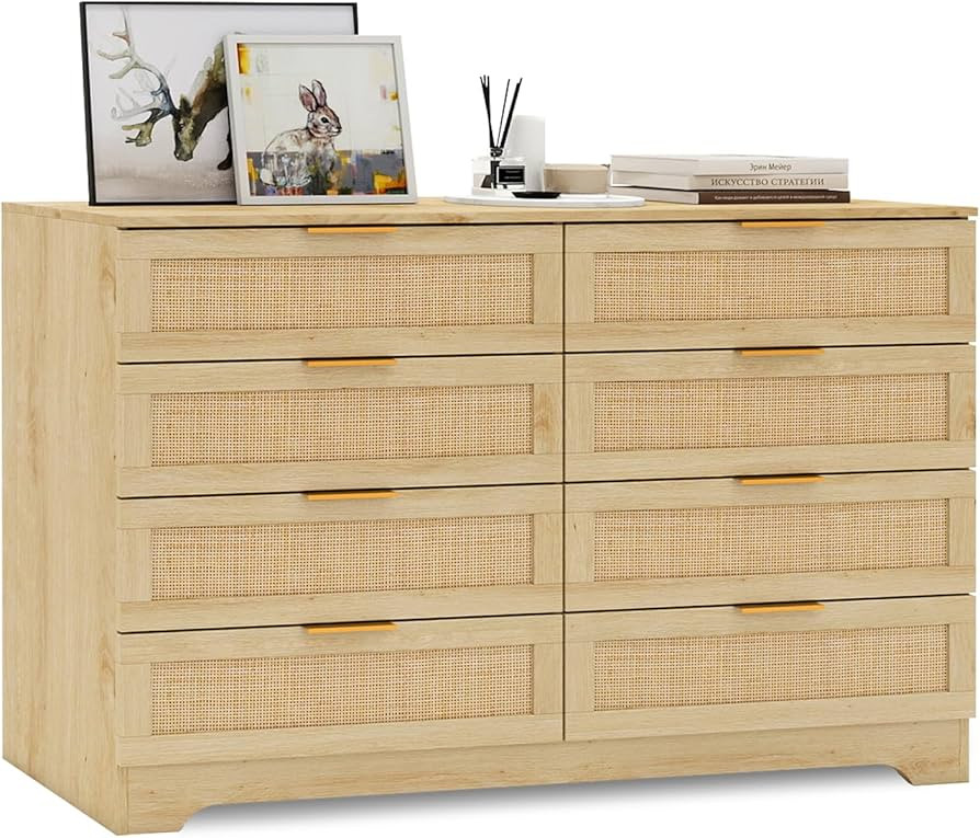 HOPUBUY Cómoda de 8 cajones para dormitorio, cómoda moderna de ratán, cómoda de mimbre doble ... | Amazon (US)