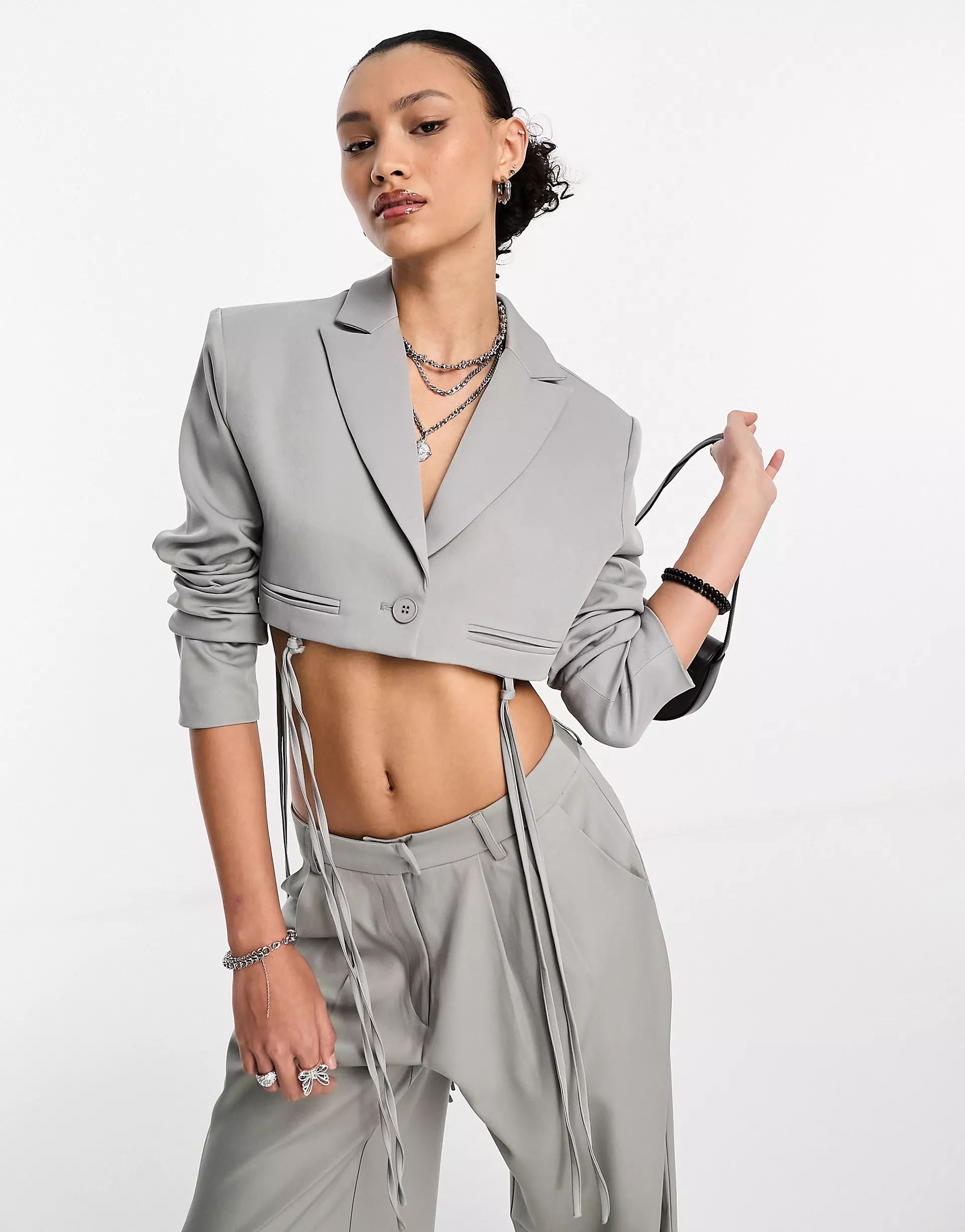 Kyo The Brand tailored tie detail cropped blazer in gray - part of a set | ASOS (Global)