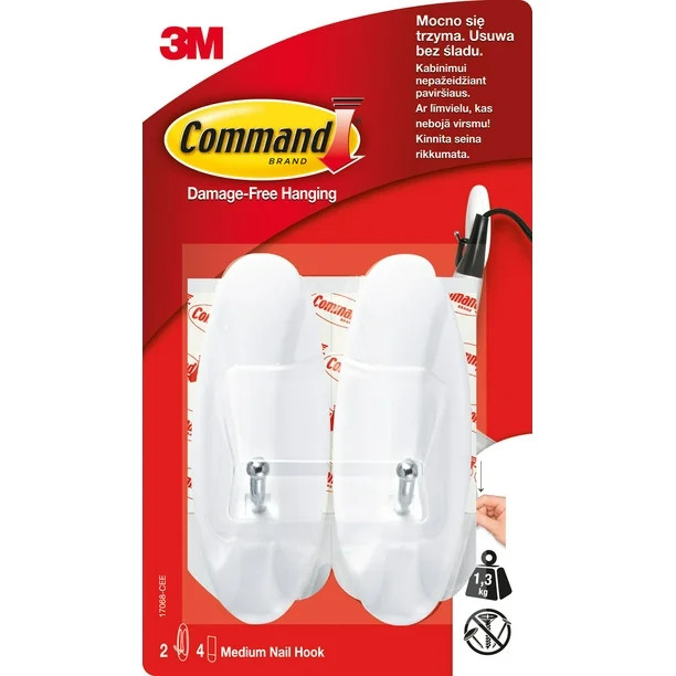 Command™ Medium Wire Hooks, White, 2 Hooks, 4 Strips Per Pack - Walmart.com | Walmart (US)