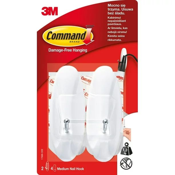 Command™ Medium Wire Hooks, White, 2 Hooks, 4 Strips Per Pack - Walmart.com | Walmart (US)
