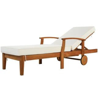 78.8 in. Brown Wood Outdoor Chaise Lounge Reclining Daybed with Beige Cushions, Wheels and Cup Table for Yard, Garden | The Home Depot
