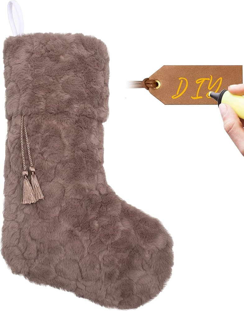 LUBOT 2024 New Christmas Stockings, 1 Piece with Custom Name Tag 20" Brown Rustic Neutral Farmhou... | Amazon (US)