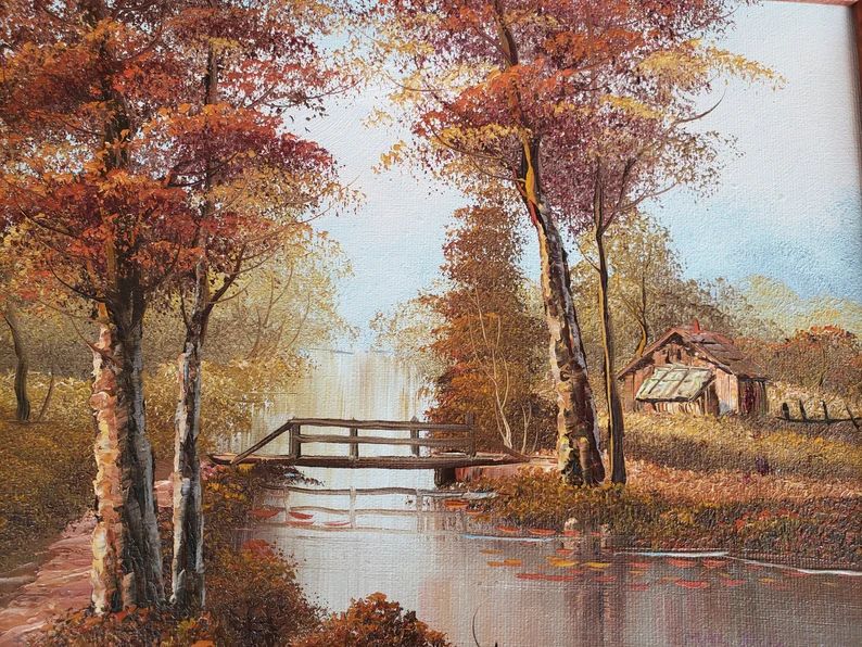 Signed Oil Painting on Canvas Autumn Fall Landscape Waterfall - Etsy | Etsy (US)