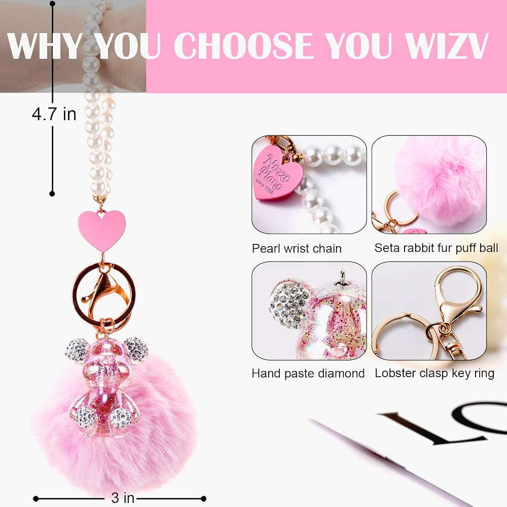 YOU WIZV Kawaii Cute Bear Keychain for Women, Bling Gummy Teddy Bear Pom Pom Key Chain Girly Wris... | Amazon (US)