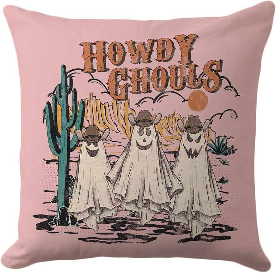 Halloween Throw Pillow Cover 18x18 Inch - Howdy Ghouls Western Pink Ghost Design, Vintage and Spo... | Amazon (US)