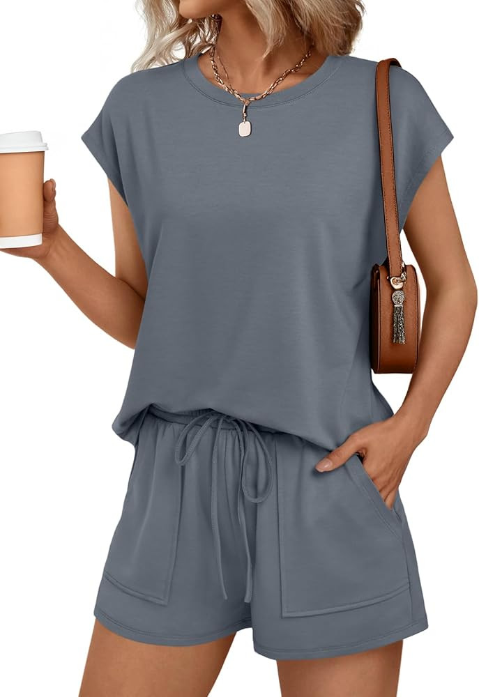 AUTOMET Womens Crew Neck Two Piece Short Sets Cap Sleeve Drawstring Summer Sweatsuit with Pocket | Amazon (US)
