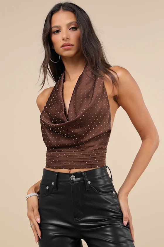 Notable Shine Brown Satin Rhinestone Halter Top | Lulus