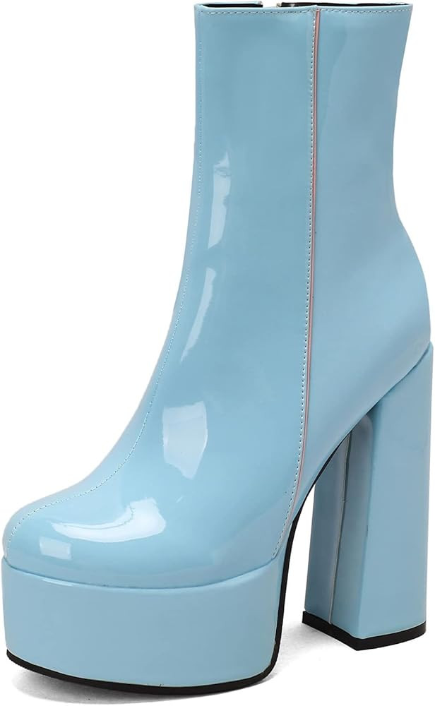 KozDyko Women's Chunky Platform Ankle Boots Patent Leather Round Toe Booties High Block Heels Sid... | Amazon (US)