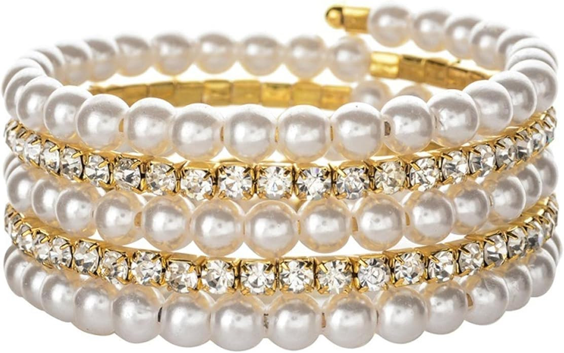 Imitition Pearl Stretch Bracelet Multilayer Crystals Pearl Elastic Bangle for Women Wedding Jewel... | Amazon (US)