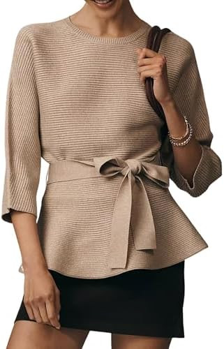 Yeokou Womens Ribbed Belted Sweater 3/4 Sleeve Crew Neck Pullover Tunic Top Winter Spring Casual ... | Amazon (US)