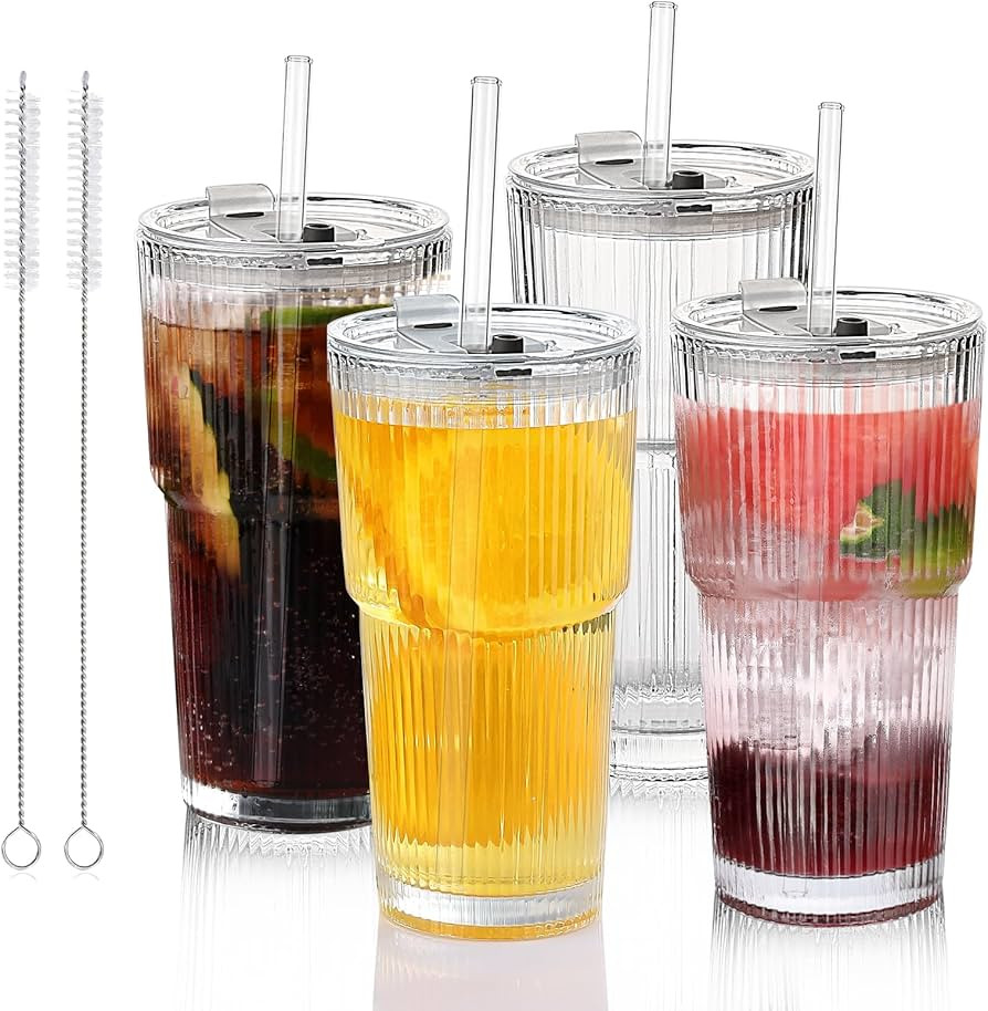 Glass Cups with Lids and Straws - 18oz Glass Tumbler with Straw and Lid, Premium Coffee Cups for ... | Amazon (US)