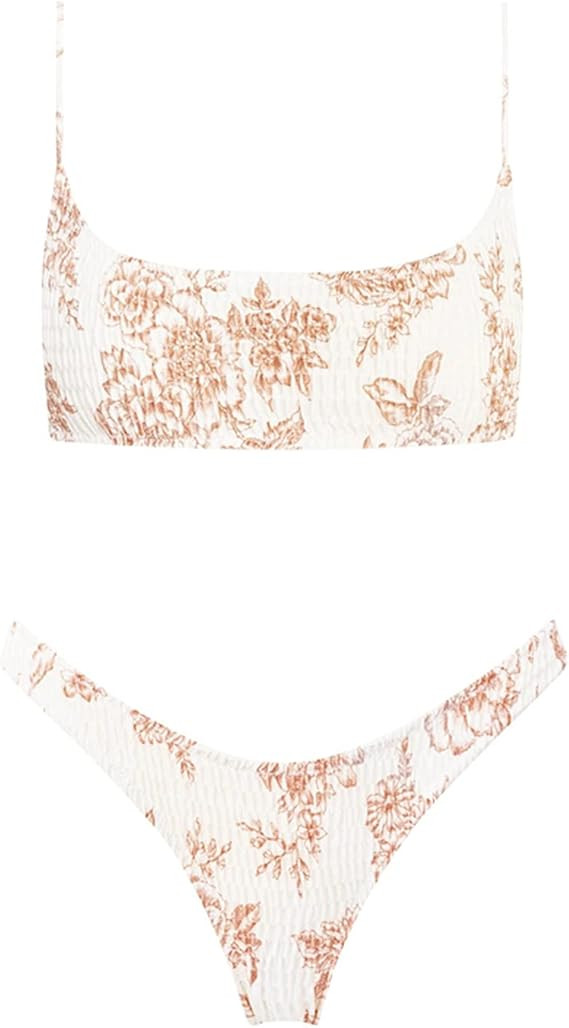 VOLAFA Women's Triangle Bikini Set Smocked Textured Scoop Frilled Print Ruched Elastic Swimsuit T... | Amazon (US)