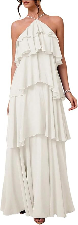 SOLY HUX Women's Sundresses Ruffle Layered Halter Flowy Maxi Dress Elegant Wedding Guest Dresses | Amazon (US)