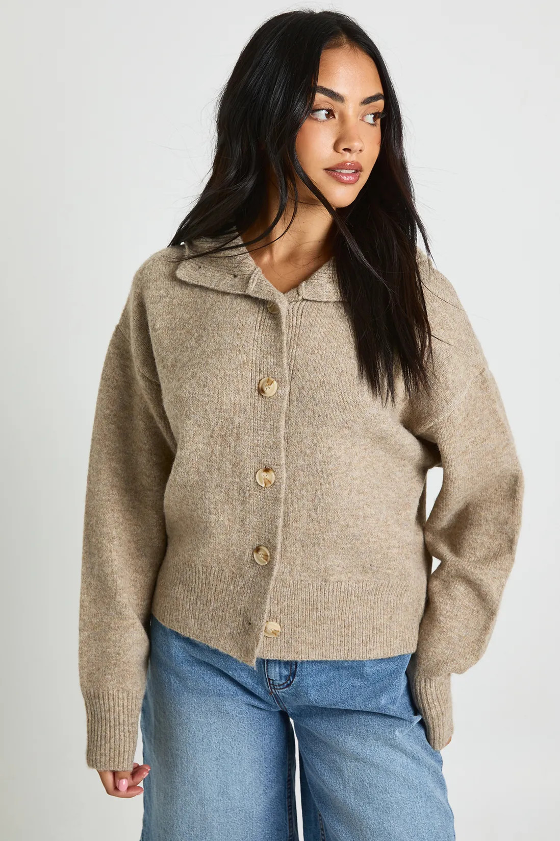 Brushed Knit Chunky Button Through Hooded Jumper | Boohoo.com (UK & IE)